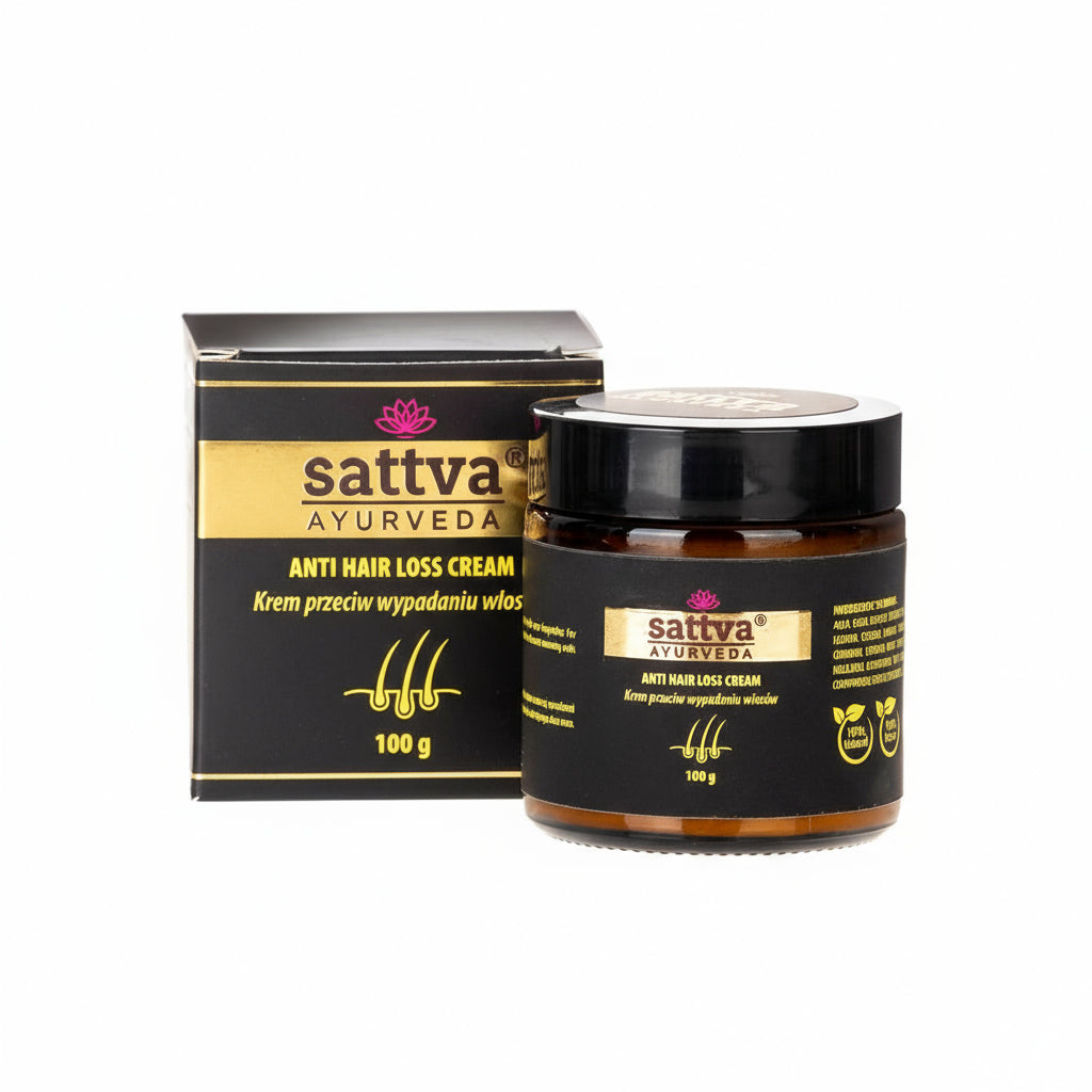 Sattva Ayurveda anti hair loss cream jar and packaging on a white background