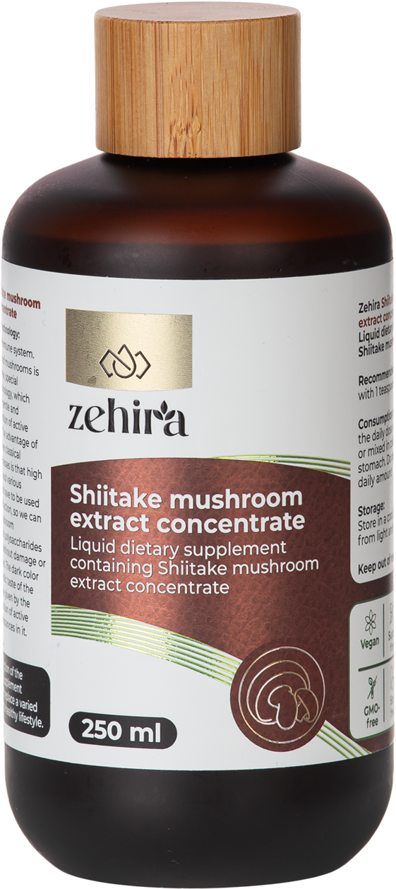 Bottle of Zehira Shiitake mushroom extract concentrate with a wooden cap.