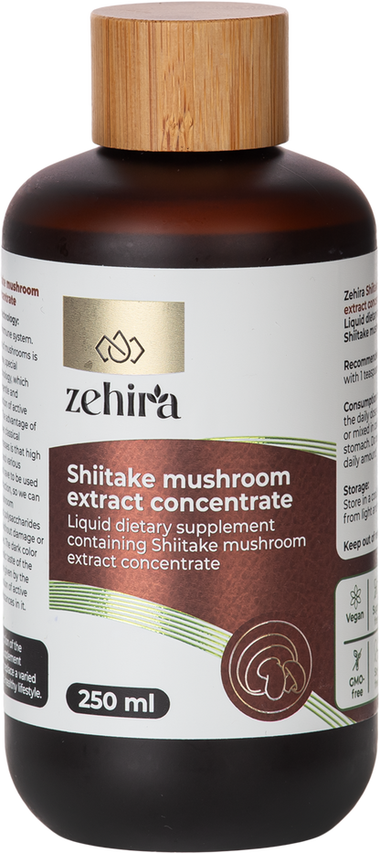 Bottle of Zehira Shiitake mushroom extract concentrate with a wooden cap.